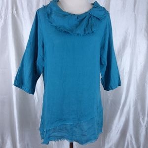 Match Point Taupe Teal Asymmetrical Ruffled Hem Tunic Cowl Neck LAGENLOOK Size M